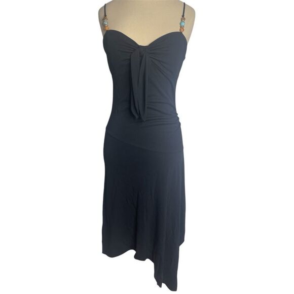 Vintage 90s Express Dress Asymmetrical Black Beaded Bow Boho Vacation MIDI - Picture 1 of 9